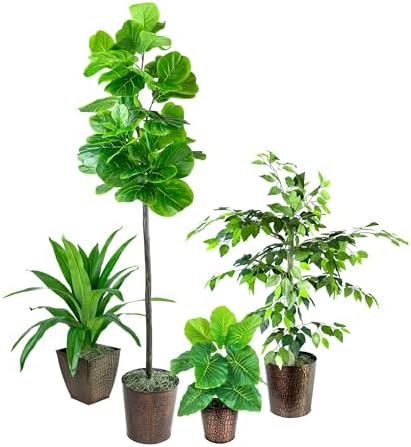 LCG Florals Set of 4 Ficus Trees in Copper Metal Pots with Real-Wood Trunks - Indoor and Outdoor Faux Plants for Patio, Living Rooms, Offices & Kitchens by LCGFlorals