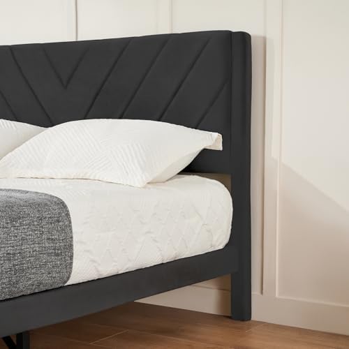 Queen Size Platform Bed Frame with Velvet Headboard, Wing Edge, Sturdy Wooden Slats, Noise-Free, No Box Spring Needed, Easy Assembly, Black - Image 4