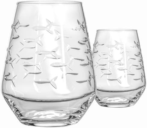 Rolf Glass | School of Fish Stemless Tumbler | 18oz Stemless Wine Glasses | Lead-Free Glass | Engraved and polished in Pennsylvania | US made (Set of 2) by RolfGlass
