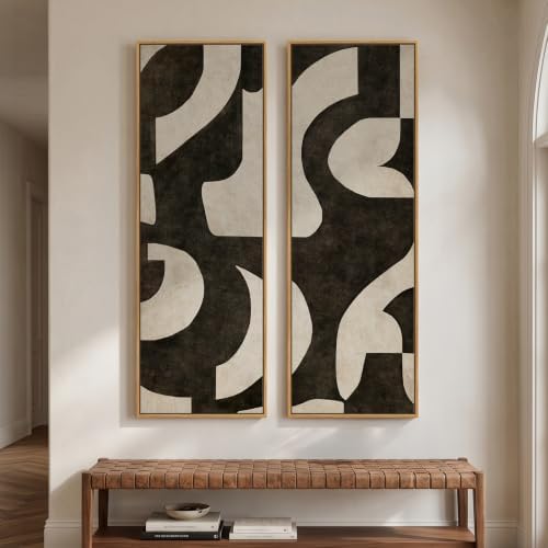 Large Framed Neutral Black Beige Abstract Vertical Wall Art Decor, 2 Pieces by Cuspin