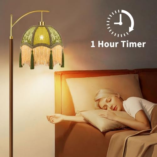 AHDWDW Gold Vintage Floor Lamp for Living Room Bedroom,Arc Victorian Floor Lamps with Remote,Wood Standing Tall Lamp with Green Tassels Velvet Lampshade,Fringe Dimmable Modern Floor Lamp for Corner - Image 4