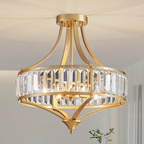 Modern Gold Crystal Chandelier 4 Lights Semi Flush Mount Ceiling Light Fixture E12 Base Farmhouse Mid Century Chandelier for Dining Room Bedroom Hallway Entryway Kitchen by Majhoiw