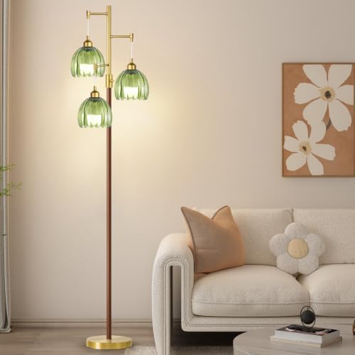 Wood Floor Lamps for Living Room Bedroom-3 Light Gold Floor Lamp with Glass Lampshape, Flower Tall Lamp Glass Mid Century Standing Lamp Vintage Tree Floor Lamp for Bedroom Corner - Image 7