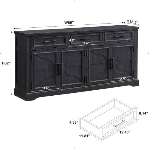 JXQTLINGMU 66" Farmhouse Buffet Cabinet with Storage, Sideboard Credenza, Carved Cloud-Inspired Doors, 3 Drawers & Adjustable Shelves, Coffee Bar Cabinet, Black - Image 2