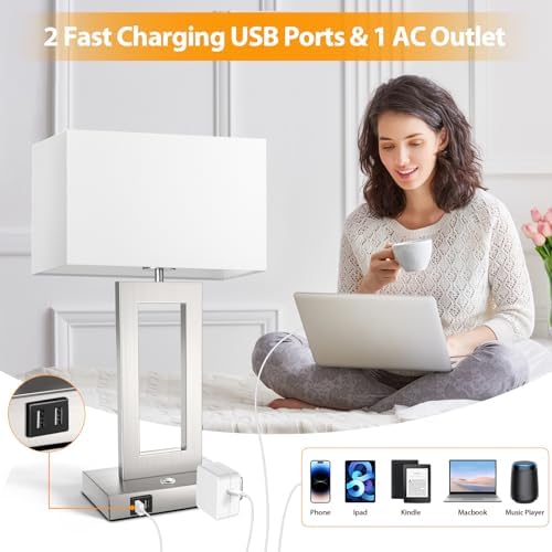 3 Color Temperatures Touch Control Table Lamps Set of 2, Stepless Dimmable Bedside Lamps with 2 USB Ports&AC Outlet, Modern Nightstand Lamps for Bedroom Living Room, Bulbs Included, Silver&White - Image 3