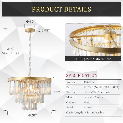 CATINER 20" Modern Crystal Chandeliers,7 Lights Gold Round Light Fixture - Image 3