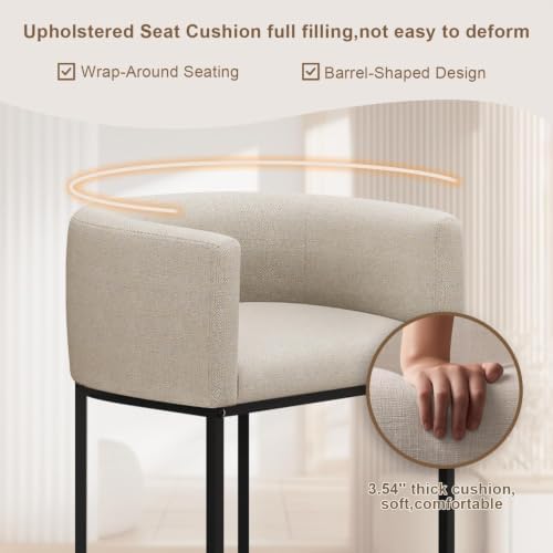 26" H Counter Height Bar Stools Set of 3, Modern Barrel Counter Stools with Backrest and Arms, Linen Fabric Upholstered Accent Barstools for Kitchen Island, Support 450 LBS, Beige - Image 5