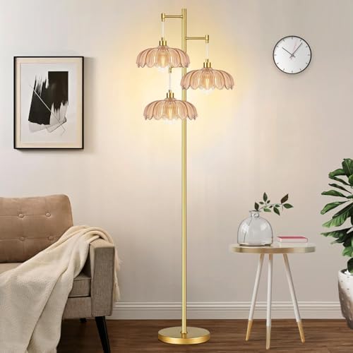QIYIZM Glass Floor Lamp for Living Room,Bedroom,Gold Mid Century Modern Standing Lamp Brass Tree 3 Light Tall Floor Lamps Vintage Retro Floor Lights Flower Lamp Shade Farmhouse Boho Bohemian - Image 7