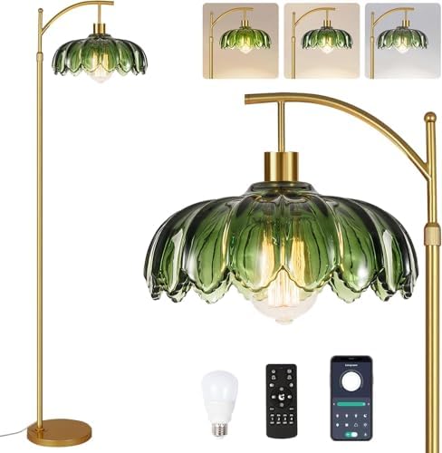 Gold Floor Lamps for Living Room,Glass Floor Lamp with Remote Control & Green Lampshade,Arc Flower Lamp Dimmable Mid Century Modern Standing Lamp Vintage Brass Tall Floor Lamp For Bedroom Corner by ZECOXOL