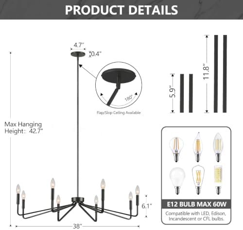 8-Light 38 Inch Large Black Farmhouse Chandelier for Living Room - Image 6