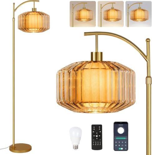 QIYIZM Glass Floor Lamp for Living Room,Bedroom,Gold Standing Lamp with Remote Dimmable,Arc Mid Century Modern Vintage Tall Lamp Brass Boho Floor Lamps Stained Retro Floor Light Lamp Bohemian by QIYIZM