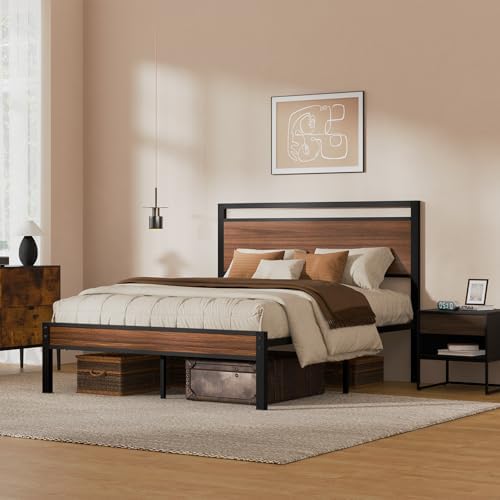 Z-hom Queen Metal Bed Frame&Wooden Headboard&Footboard,No Box Spring,Walnut - Image 3