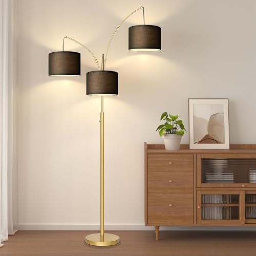 Dimmable Floor Lamp, 3 Lights Gold Arc Floor Lamp, Modern Tall Standing Tree Lamp with Black Linen Shades & Heavy Base, 3000LM LED Bulbs, Bright Lighting for Living Room, Bedroom, Office & Reading - Image 7