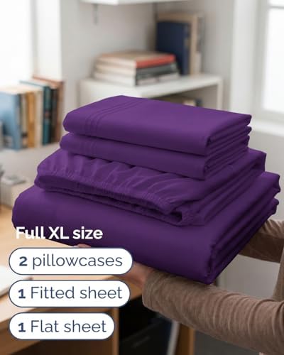 Full XL Sheets - 4 Piece Full XL Sheet Set - Breathable & Cooling - Purple - Image 3