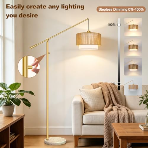 【Upgraded】Boho Dimmable Floor Lamp with Adjustable Swing Arm, 1100 Lumens Bulb Included, Modern Standing Lamp with Rattan & Fabric Shades, Tall Arc Floor Lamp for Living Room Bedroom, Gold, Heavy Base - Image 3