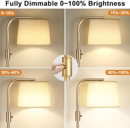Ambimall Fully Dimmable Floor Lamp - Floor Lamps with 9W LED Bulb, Standing Lamps for Living Room with Adjust Head, Modern Standing Tall Light Rotary Switch for Office(Gold and Beige) - Image 3