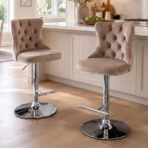 SoarFlash Velvet Bar Stool Set of 2, Adjustable Swivel Bar Stools with Silver Plated Metal Leg, Button Tufted, Footrest, Chrome Nailhead, Counter Height Chair for Kitchen, Bar, Dining Room (Khaki) by SoarFlash