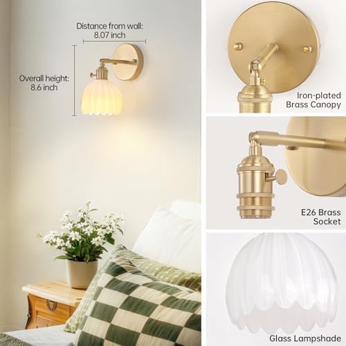 Shenmoyl Vintage Battery Operated Wall Sconce with White Tulip Glass Lampshade Rechargeable Battery Powered Wall Light with Remote Control for Bedside Bedroom Doorway, Set of 2 - Image 4