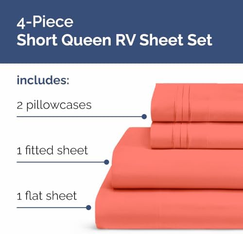 Short Queen Size 4 Piece Bed Sheet Set - RV Short Queen Sheets - Coral - Image 2