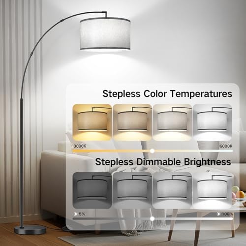 OUTON 81" Arc Floor Lamp, 12W 1080LM LED Dimmable Floor Lamp with 16" Gray Lampshade, Remote Control & Foot Switch, 4 Colour Temperatures, Tall Standing Lamp for Living Room Bedroom Office, Black - Image 3