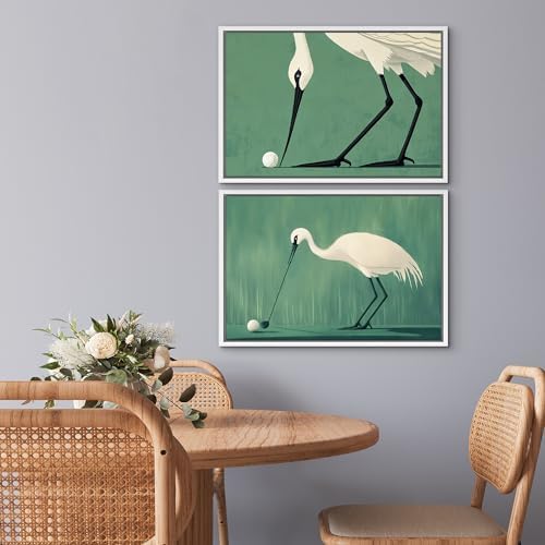 SIGNWIN Framed Canvas Print Wall Art Set Funny Crane Playing Golf Whimsical Bird Illustrations Modern Art Rustic Minimal for Living Room, Bedroom, Office - 16"" x24 x2 White - Image 3