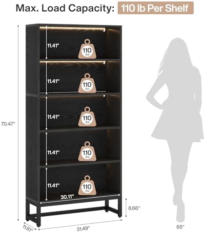 Tribesigns Tall Bookcase Black Bookshelf, 70.8” Large Bookcases Organizer with LED Lights, Heavy Duty Free-Standing Library Bookshelf with 5-Tier Storage Shelves for Living Room, Bedroom (Black) - Image 2