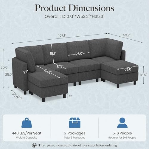 Belffin 110.2" Modular Sectional Sofa 6 Seats U Shaped Couch Washable Sectional Couches for Living Room Comfy Couches with Storage Seat Couch Sofas with Chaise,Dark Grey - Image 2