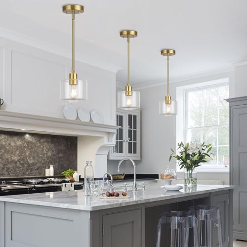 Brushed Gold Pendant Lights Kitchen Island 2 Pack, Modern Clear Glass Hanging Light Fixtures with Rods, Mini Kitchen Pendant Lighting Over Island for Sink Bathroom, OS-YQ8153-2PBGC - Image 5