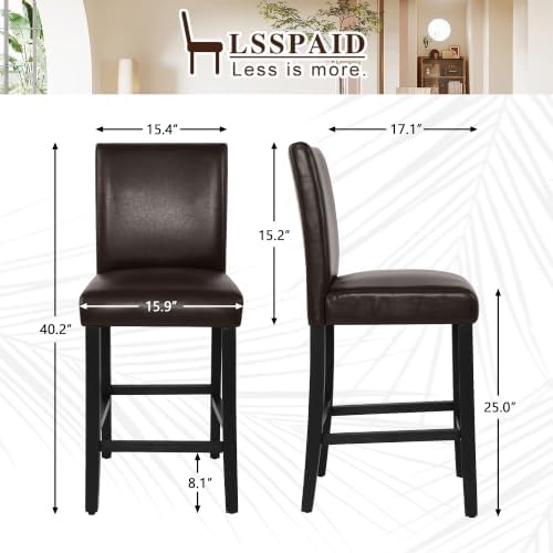 LSSPAID Counter Height Bar Stools Set of 4, 25 Inch Upholstered PU Leather Barstools, Modern Kitchen Island Chairs with Backrest and Solid Wood Legs, Dark Brown - Image 2