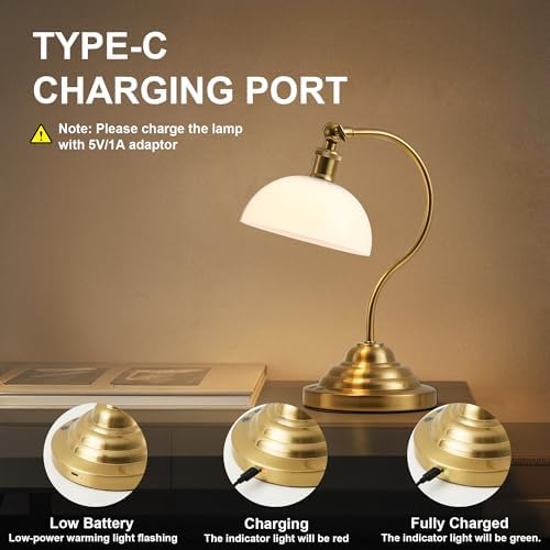 Cordless Table Lamp, Battery Operated Vintage Desk Light, Brass & White - Image 6