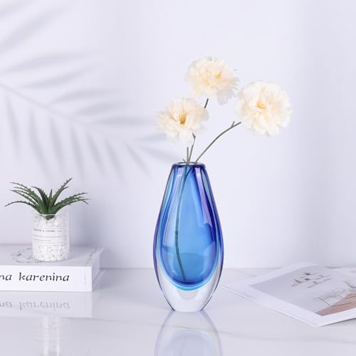 Hand Blown Glass Vase – 8.9" Tall Oval Decorative Art Glass with Colorful Speckled Finish, Luxury Centerpiece for Dining Table, Coffee Table, Mantel, Shelf, Murano Coastal Decor (Blue) - Image 4