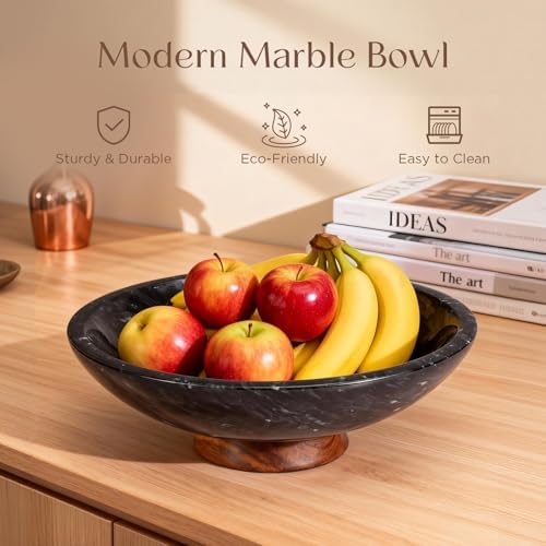 SAMAH Black Marble Fruit Bowl with Acacia Wood Pedestal, Large Decorative Marble Bowl, Natural Stone Fruit Bowl for Kitchen Counter, Entryway, Keys, Dining Table, House Warming Gifts New Home(11Inch) - Image 6