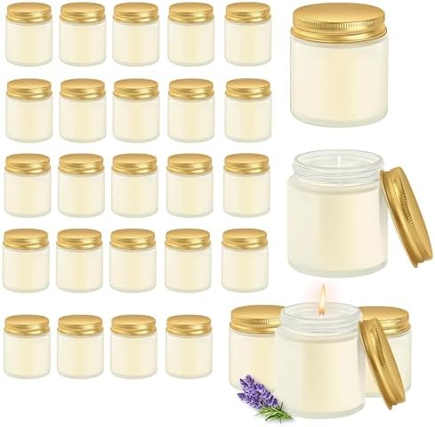 24 Pcs 4 Oz Mason Jar Candles, Lavender Scented Soy Candles Bulk Set for Stress Relief and Relaxation, Great Favors for Wedding, Christmas, Housewarming Gifts (Gold,Frosted Glass, Lavender, 24) by Unknown