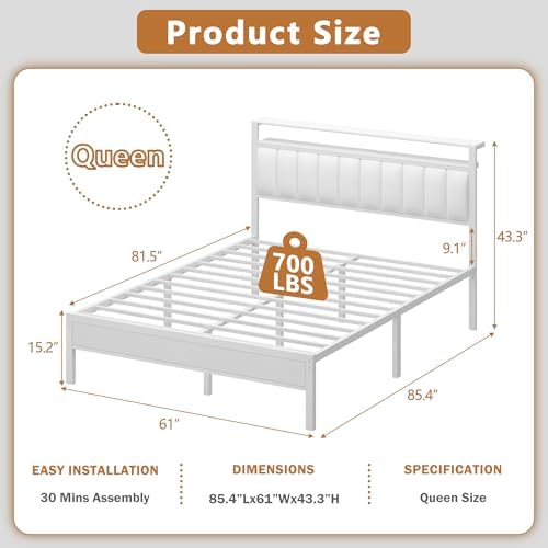 Furnulem White Queen Bed Frame with PU Upholstered Headboard & LED Lights - Image 2