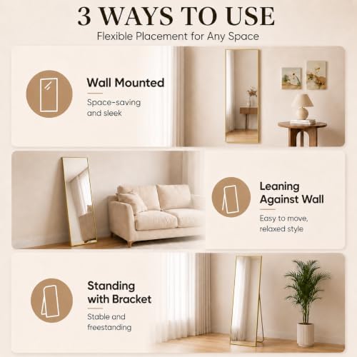 Aluminum Frame Mirror, 59"x16" Full Length Mirror with Stand, Free Standing Leaning Mirror Hanging Mounted Mirror for Bathroom Living Room, Gold - Image 5
