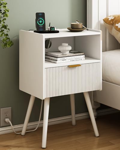 JOONEE White Nightstand with Outlet,Modern Bedside Table with Storage Drawer and Open Wood Shelf, for Living Room, Bedroom and Small Spaces, Accent Night Stand with Solid Wood Legs, Easy Assembly by JOONEE