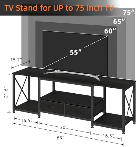 GYIIYUO TV Stand with Fabric Drawers for 65 70 75 Inches TV - Entertainment Center and Industrial TV Console Table with Open Storage Shelves for Living Room, Bedroom - 63.5" Black - Image 2