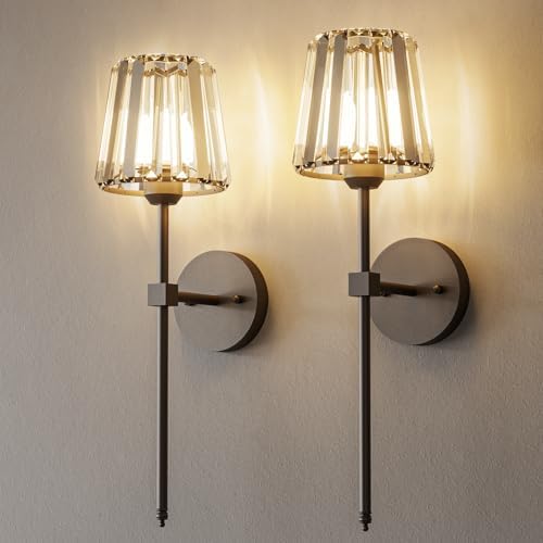Crystal Battery Operated Wall Sconces Set of 2, Black Rechargeable Wireless Wall Sconce Lights with Crystal Lampshade, 12 RGB and 3CCT Dimmable Wall Lamps with Remote for Bedroom Living Room Hallway by LJUJAM
