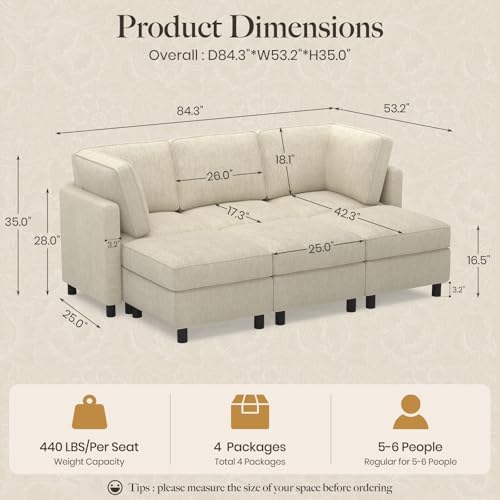 Belffin 84.3" Modular Sectional Sofa 6 Seats Sleeper Sofa Washable Sectional Couches for Living Room Comfy Couches with Storage Seat Couch Sofas with Chaise,Beige - Image 2
