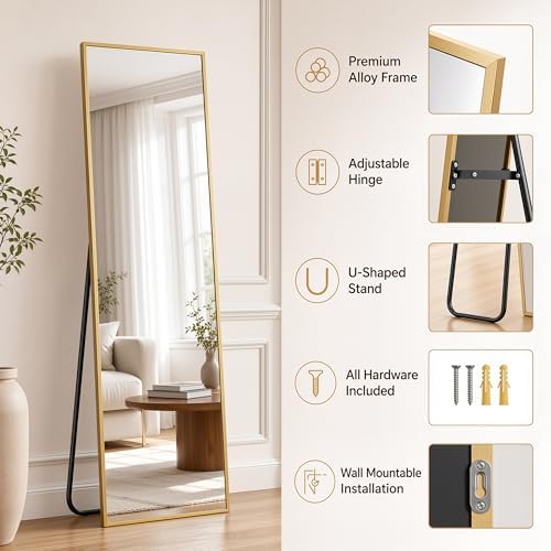 Antok Full Length Mirror, 56"x14" Floor Mirror with Stand, Gold, Rect - Image 3