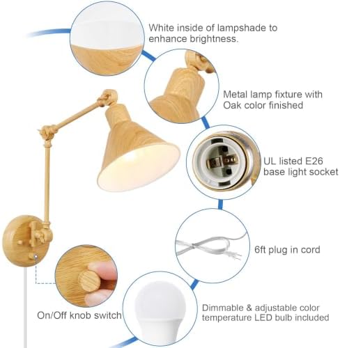 TRLIFE Dimmable Wall Sconce, Remote Control Plug in Wall Sconce Dimming 10%-100% and Adjustable Color Temperature 2700K-6000K, Swing Arm Wall Lights with Plug in Cord, UL Listed(2 Pack, Oak Color) - Image 4