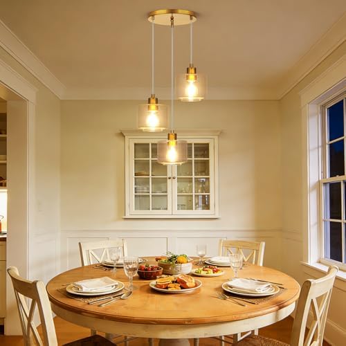 Brushed Gold Dining Room Chandelier Light Fixture, 3-Light Pendant Lighting with Clear Glass, Modern Kitchen Island Cluster Hanging Pendant Lights for Kitchen Dining Room, OS-YQ8153-3BGC - Image 4