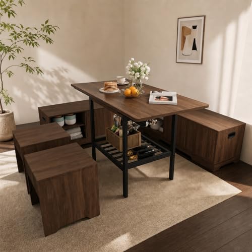 Extendable 6-Piece Breakfast Nook Set with Storage Benches & Stools, Corner Dining Table Set with Wine Glass Holder, Space-Saving Kitchen Table for Indoor/Outdoor Use (Walnut) by MOMOKOVA