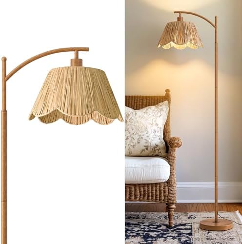 Oneach Rattan Floor Lamp for Bedroom, Boho Floor Lamp with Foot Switch, Farmhouse Standing Lamps for Living Room with Hand-Woven Shade, Walnut Metal Base & Pole by Oneach