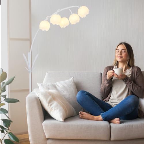 HMVPL White Floral Floor Lamp, Cute Flower Standing Lamp for Bedroom, Modern Tall Lamp with 5 G9 LED Bulbs, Foot Switch, Acrylic Shade, Curved Floor Lamp for Living Room Corner Bedside Kids Home Decor - Image 4