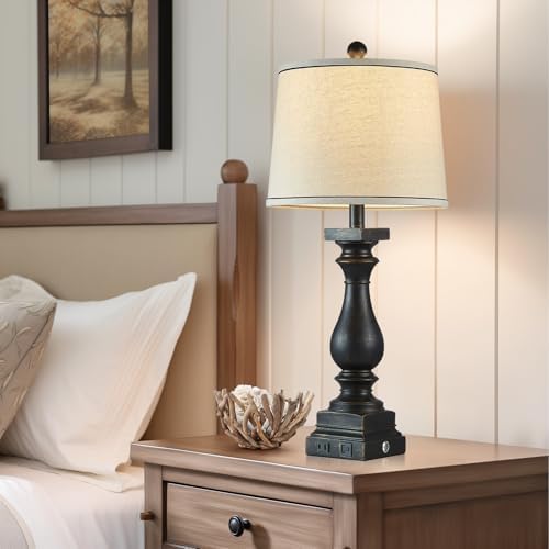 28" Tall Farmhouse Table Lamps with USB C+A Ports and AC Outlet, 3 Way Touch Control Rustic Bedside Lamps for Bedroom, Black Vintage Nightstand Lamps for Living Room Office - Image 6