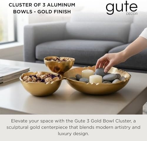 3 Cluster Decorative Bowls Bright Gold Brass Snack Tray Bowl Chip & Dip Serving Piece Strong Centerpiece Beautiful Room Accent & Entertaining Parties Home Decor Wedding Gifts 14.6 Inch Decorative Gift - Image 2