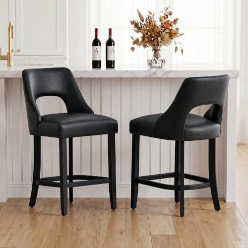 UVV Bar Stools Set of 2, Modern Upholstered Counter Height Bar Stools, Faux Leather Counter Stools BarStools with Wood Legs for Kitchen Island Dining Room Bar, Black by UVVLivetheQualityLife