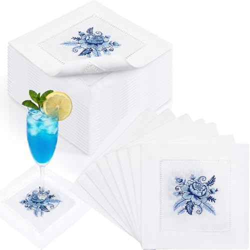 LemonRoad 6 Pcs Linen Cocktail Napkins Blue Floral Cloth Napkins Gifts for Women Embroidered Blue Floral Cotton Hemstitched Coasters for Wedding Tea Party Dining Table Decor, Washable, 6 x 6 Inch - Image 6
