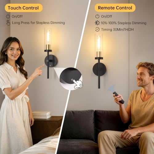 Shenmoyl Set of 2 Wall Sconces, 5200 mAh Battery Operated Wall Sconce with 3 Colors & Remote Control, Black Gold Rechargeable Wall Lamp with Clear Glass Shade for Bedroom, Bathroom, Stairwell, Hallway - Image 5